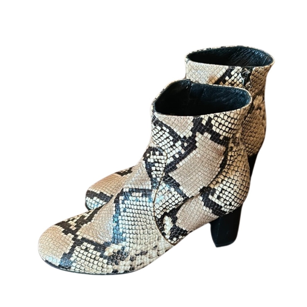 Leather ‘Snakeskin’ Ankle Chunky Heel Italian Boots, Black / Beige